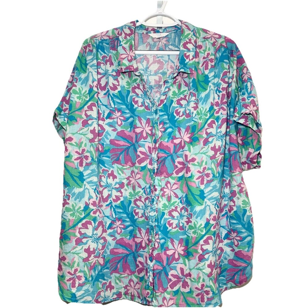 Time & Tru Linen Blend Tropical Floral Blouse 3X 22 Lightweight Button Front
